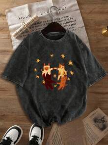 趣味猫咪印花短袖T恤，独特小众设计上衣，大码女式T恤，水洗棉T恤，大码女式休闲装，雪花图案面料，大码舒适圆领休闲上衣，复古做旧T恤，大码女装，春夏服装 黑色 - 黑色 - 查看 5