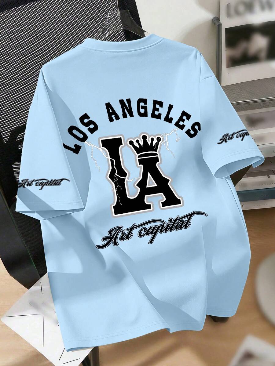 Teenage Boys' LA Print Round Neck T-Shirt, Casual & Soft Summer Top - Baby Blue - View 1