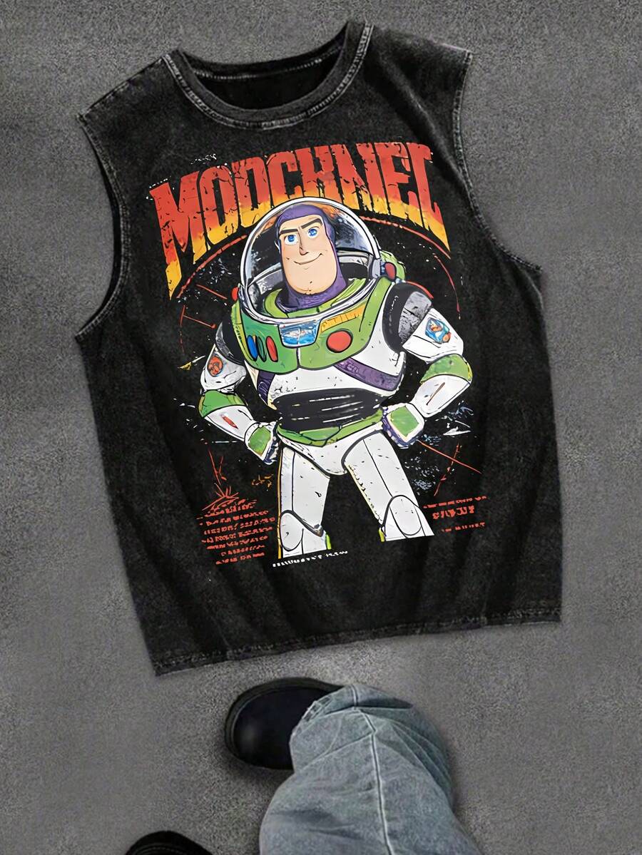 Disney Toy Story Buzz Lightyear 230GSM Vintage Washed Streetwear Tank Top - màu đen - Xem 1