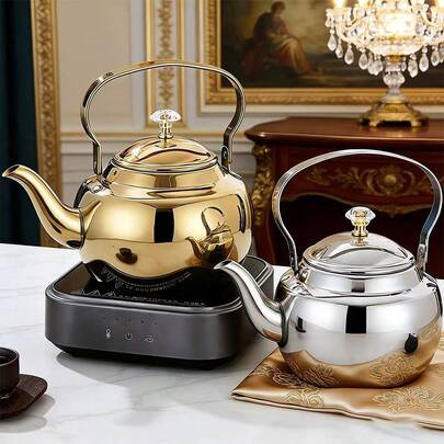 Großer Edelstahl Teekessel mit hitzebeständigem Griff, geeignet für Zuhause und Café Nutzung, kann Kaffee, heißes Wasser, Früchtetee usw. aufnehmen.