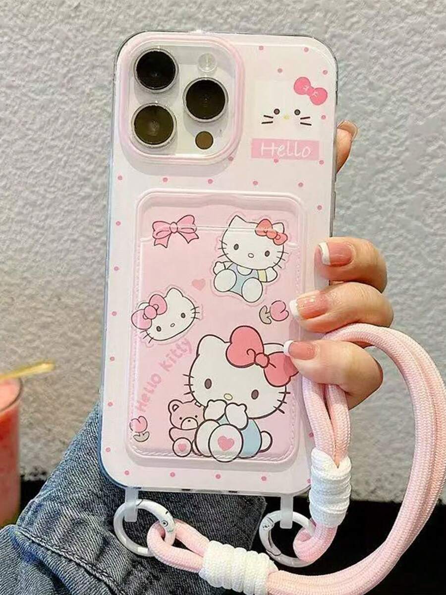SANRIO 1 chiếc ốp lưng điện thoại 3D họa tiết chấm bi hồng hoạt hình Hello Kitty kèm nơ và dây đeo cổ tay, phù hợp với 11/12/13/14/15/16/17/PROMAX. - Hồng - Xem 1