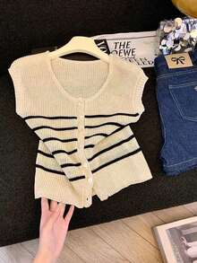 Women's Casual Elegant Striped Round Neck Button Sleeveless Knit Cardigan Top - Apricot - View 5