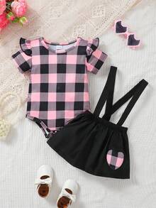2 piezas Conjunto de niña bebé de mono con estampado a cuadros y volantes en las mangas + falda con bordado de corazón, para uso diario, primavera/verano - Rosa - Ver 1