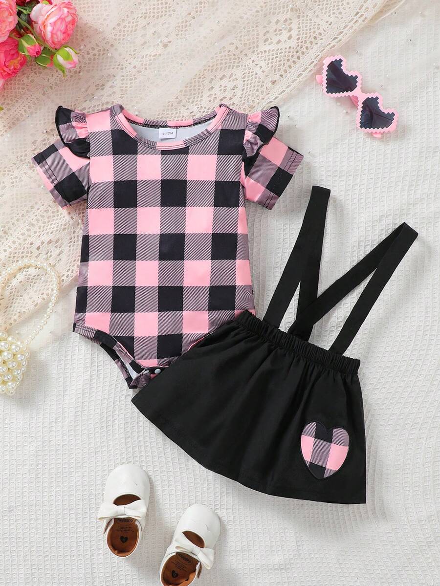 2 piezas Conjunto de niña bebé de mono con estampado a cuadros y volantes en las mangas + falda con bordado de corazón, para uso diario, primavera/verano - Rosa - Ver 1