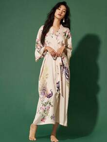 European And American Vintage Loose Plus Size Mid-Length Bohemian Peacock Print Kimono Cover Up Robe Summer Beach Cover-Up Bikini Swimwear Outerwear Bathrobe - Apricot - View 2