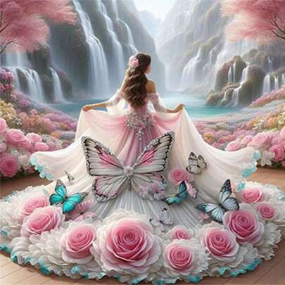 Kit de pintura de diamantes 5D - Vestido de novia con mariposa rosa soñadora, hermoso paisaje de cascada y flores, patrón de paisaje DIY de diamante completo, múltiples tamaños de lienzo disponibles, decoración de pared para el hogar y la oficina, kit de pintura de diamantes con accesorios de bordado y suministros de costura.