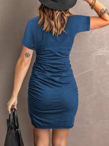 Acelitt Navy Blue Women's Minimalist Fashion Mid-Waist Pleated Fitted Asymmetric Hem Short Sleeve Round Neck Dress, Summer - Navy Blue - View 3