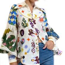 2026 European And American Women's Shirt,  Loose-Fitting Graffiti Print, Turn-Down Collar, Lantern Long Sleeves, Spring Cardigan Shirt For Women - 白色 - 查看 4