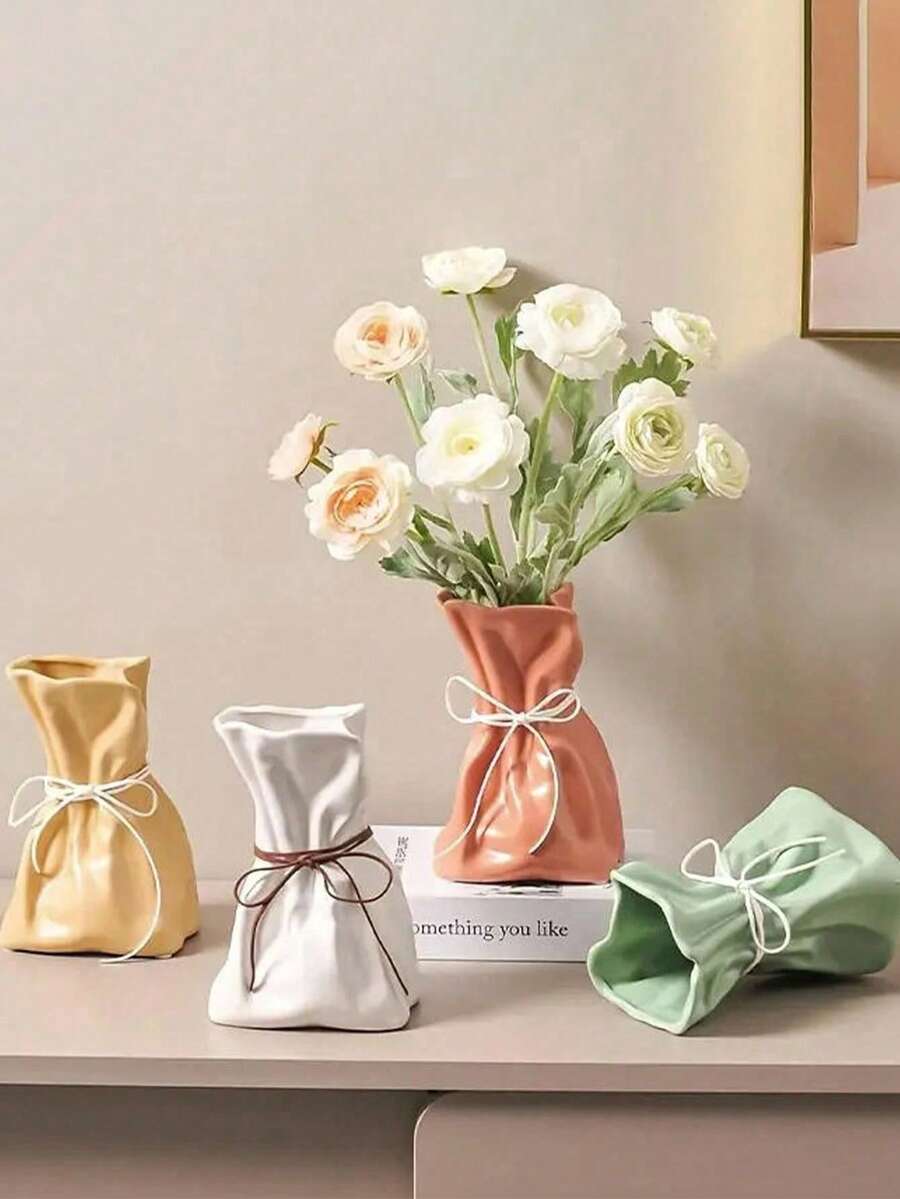 1pc Minimalist Asymmetric Crease Small Coin Purse Vase, Resin Colorful Decorative Vase Ornament, Suitable For High-End Living Room Tabletop Arrangement, Home Dining Room Floral Decor - Money Bag Vase - View 1