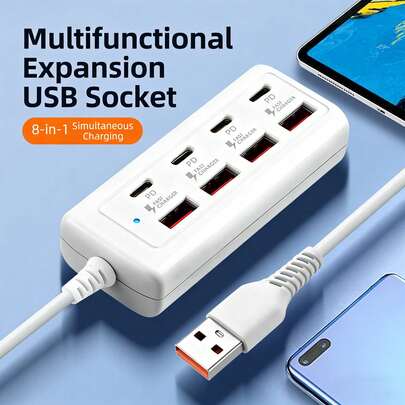 منفذ شاحن USB متعدد المنافذ، شاحن سريع متعدد المنافذ، منافذ USB-C شحن سريع، قابس كهربائي مدمج للمكتب، متوافق مع أجهزة USB 5 فولت، بما في ذلك أجهزة الكمبيوتر والأجهزة اللوحية والمزيد