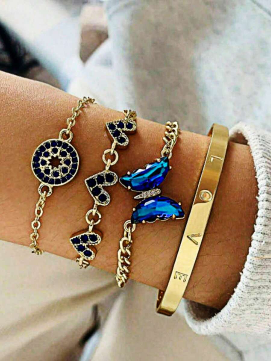 一套精致时尚的简约优雅蝴蝶心形串珠手链，百搭休闲韩式风格 - 彩色 - 查看 1