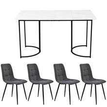 Dining Set (5 Pieces), Table And 4 Chairs, Modern Kitchen Set, 140*80cm Kitchen Table With Black Metal Legs, White MDF Top, Dark Grey Linen Dining Chairs - Grey - View 5