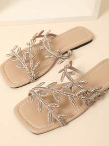 2025 Bling-Bling Glitter Cute H-Style Open Toe Breathable Shoes, Hollow-Out Full Of Double-Color Rhinestone Inlaid Starry Sky Versatile Elegant Luxury Wedding Party Event High-End Fashion Sexy Minimalist Style Suitable For Home Casual Slippers, Outdoor Walking Beach Vacation Romantic Date Women Flat Sandals,Summer Outfits - Apricot - View 7