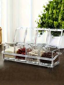 4-Grid Clear Acrylic Spice Storage Organizer With Individual Lids And Spoons, Kitchen Condiment Caddy For Pantry & Countertop - Multicolor - View 4