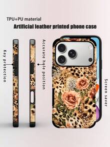 Cheetah,Leopard Print 1pc Rose & Leopard Print Hybrid Phone Case, Animal Element Cheetah Pattern Faux Leather UV Printed Soft Protective Phone Case Compatible With Apple/ Galaxy S24 Ultra, 17 Pro Max/16 Pro Max/12 Pro/13/14 Plus/15 Pro Max/16 Pro Max, 11/13 Pro - Multicolor - View 1