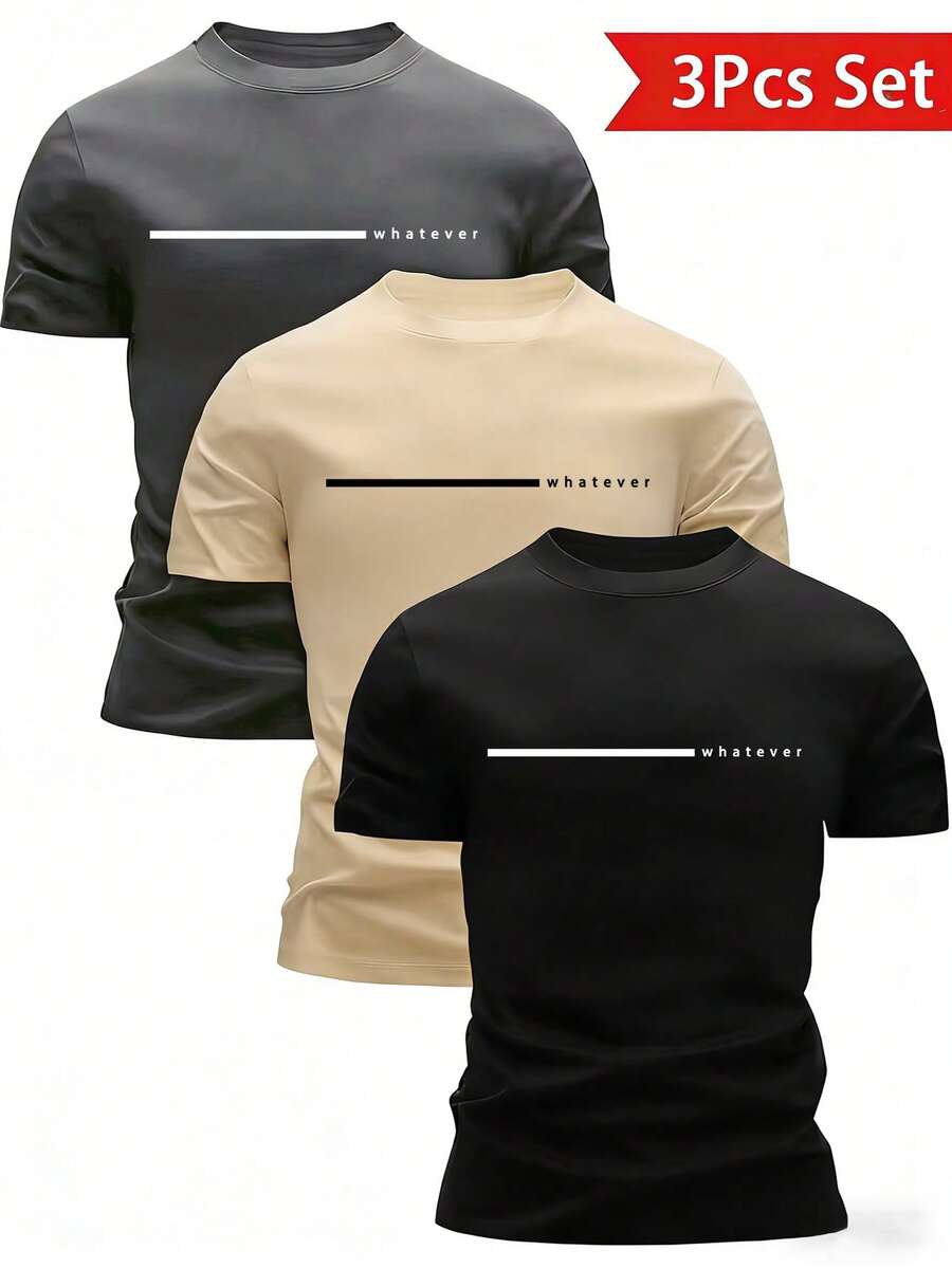 3pcs Men's Slogan & Graphic Print Short Sleeve T-Shirts, Comfortable & Breathable, Summer Wear - Multicolor - View 1