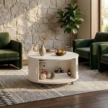 ONBRILL White Round Coffee Table With Storage, 31.5" Coffee Table With 360° Sliding Tambour Door, Fluted Wood Accent Coffee Table With Adjustable Footpads, Mid Century Modern Round Center Table For Living Room - White - View 2