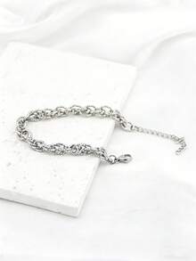 1 pieza Pulsera minimalista brillante de acero inoxidable con cadena grabada de estilo hip-hop personalizada, adecuada para el uso diario de los hombres - Plateado - Ver 4