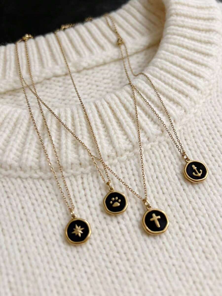 1pc Minimalist Elegant Black & Gold Asymmetrical Round Pendant Necklace, Lightweight Fine Chain Versatile For Daily Commute Or Casual Wear - Black Gold - View 1