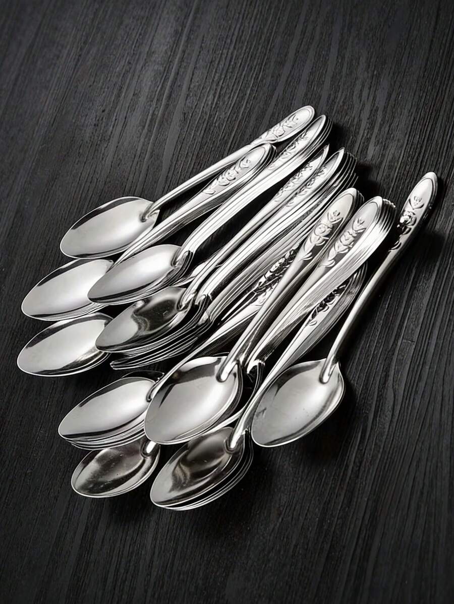 10pcs Vintage Pattern Stainless Steel Tea Spoons, Durable Polished Small Spoons, Reusable For Coffee, Tea, Desserts, Ice Cream And Home Gatherings - View 1