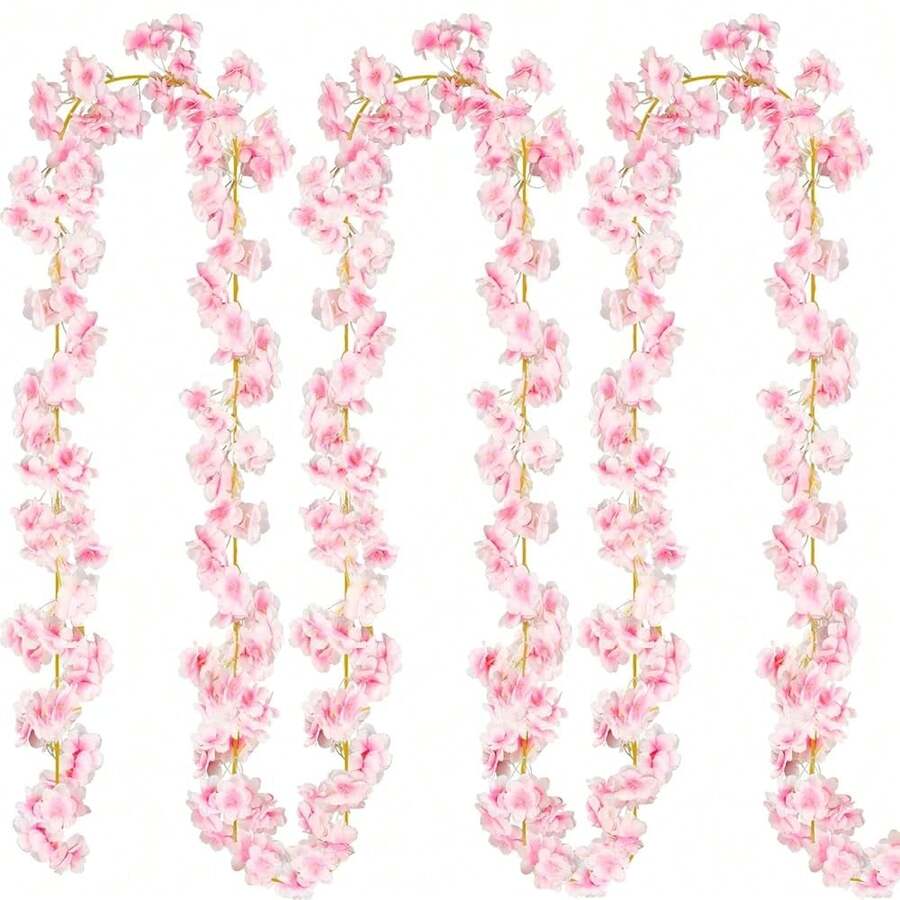 Cherry Blossom Garland, 4 Pack Artificial Cherry Flower Vines Pink Silk Sakura Vine Hanging For Wedding Party Arch Office Table Spring Summer Valentine Floral Home Decor - 粉色 - 查看 1