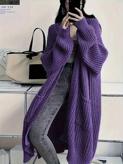 Plus Size Loose Front Open Knitted Cardigan-Casual Long Sleeve Long Pocket Sweater, A Must-Have For Autumn And Winter Layering