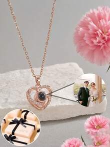 1pc Custom Photo Projection Necklace, Heart-Shaped Projection Necklace With Personalized Image Inside, Customized Stainless Steel Heart Pendant Necklace Gift, Christmas Customized Gift, Customized Projection Photo Jewelry - Multicolor - View 14