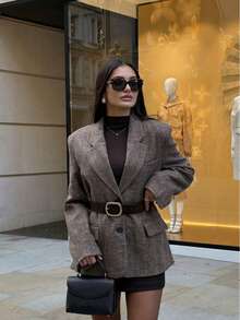 Áo blazer nữ thời trang công sở thanh lịch mùa xuân/thu với họa tiết xương cá, cổ ve áo kèm thắt lưng. - Lạc đà - Xem 1