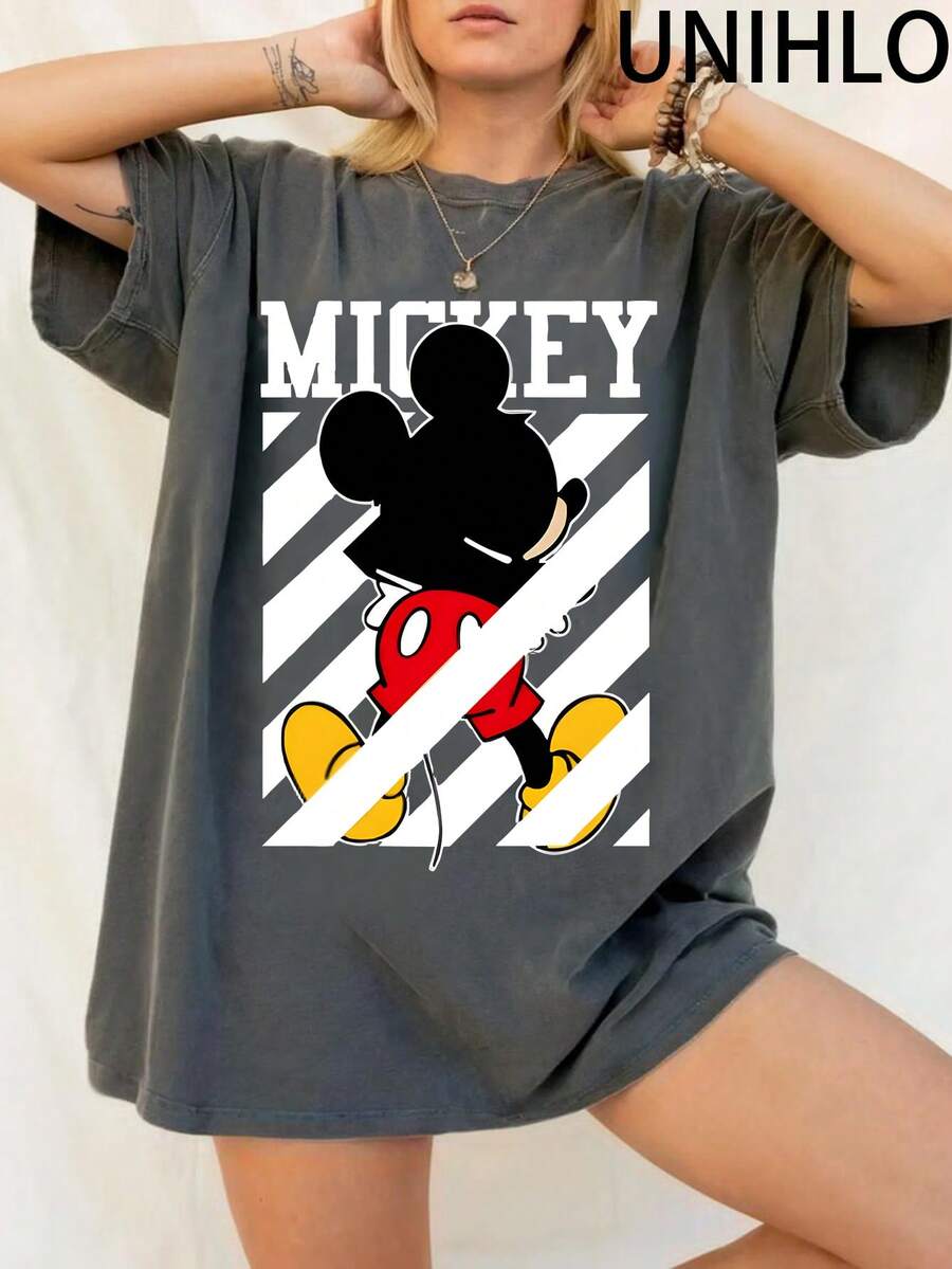 Disney UNIHLO  Mickey  Printed Summer Heavyweight Retro Washed Street Fashion Casual T-Shirt - 黑色 - 查看 1