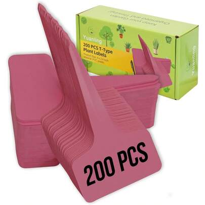 Plant Labels 200 Pcs T-Type Plastic Garden Tags Waterproof Plant Sign Stakes Nursery Garden Makers For Seedlings Flower Vegetables Herb Potted Belt Permanet Marker Pen (Red)