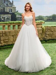 Glamorous Sequin Spaghetti Strap Formal Evening Gown, White Tulle Wedding Dress With Train Spring - White - View 9
