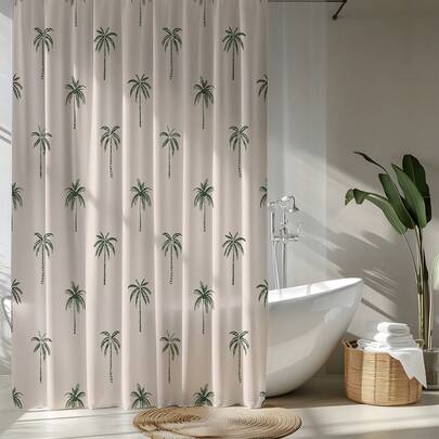 1pc Minimalist & Fashionable Bathroom Coconut Tree Print Shower Curtain With 12 Hooks, Curtain For Windows