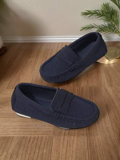 1 Pair Blue Children's Loafers, Soft Sole Non-Slip Casual Shoes, Fashionable British Style Suitable For Boys & Girls, Spring/Autumn School & Outdoor Wear
