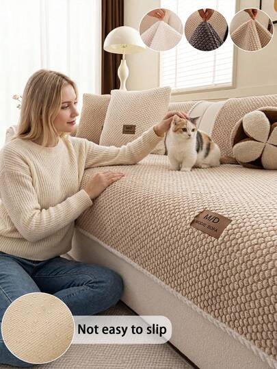 1pc Thick Warm Solid Color Soft Flannel Sofa Cushion, Minimalist Modern Style Pet-Friendly Anti-Dirty Anti-Slip Sofa Cover, Autumn/Winter Anti-Scratch Sofa Protector Suitable For L-Shaped Combination Sofa And 1/2/3/4 Seat Sofa (1 Piece )