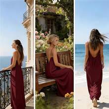 Womens Summer Casual Sleeveless Backless Cami Sundress 2026 Vacation House Dress - Màu Đỏ Sâu - Xem 5