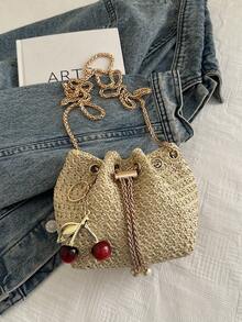 Túi xô mini thời trang mới bằng rơm đan, dây rút bằng xích vàng, túi đi biển. - Màu Khaki - Xem 6