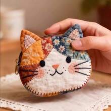 Cartoon Patchwork Coin Purse Cat Large Capacity Zipper Design Small Cosmetic Pouch Makeup Bag Home Travel Gift - Multicolor - View 5