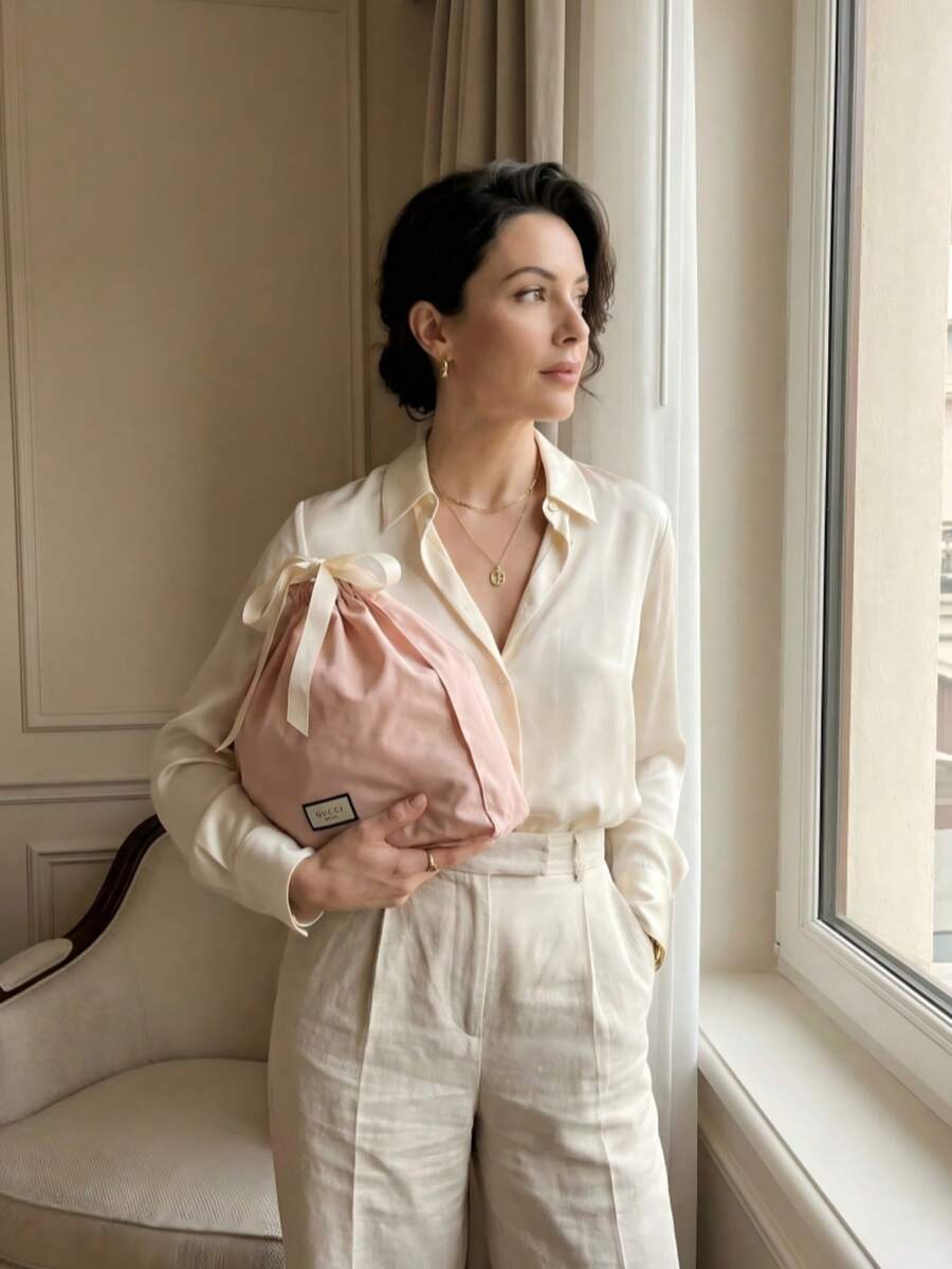 Gucci 粉色碎花抽绳包 - 大容量化妆包，女士旅行洗漱用品收纳包 - 粉色 - 查看 1