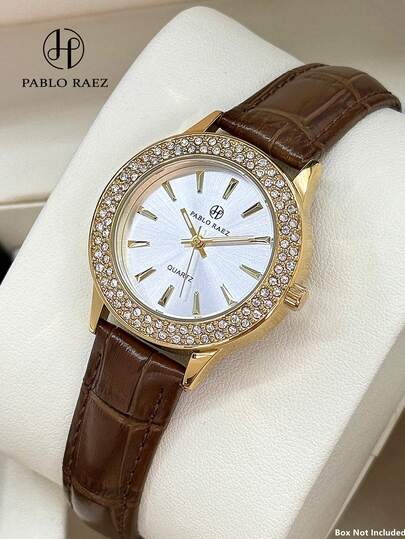 Pablo Raez 1pc 18K Gold Ladies Luxury Watch Fashion Rhinestones Women Dress Watch Ladies Stainless Steel Golden Non Tarnish Color Lovely Top Brand New AAA Quality Shiny Rhinestone Elegant High Level Designer Fashionable Party Girl Quartz Watches Real Bar Scales White Luminous Hands Display Soft Brown Leather Pin Buckles