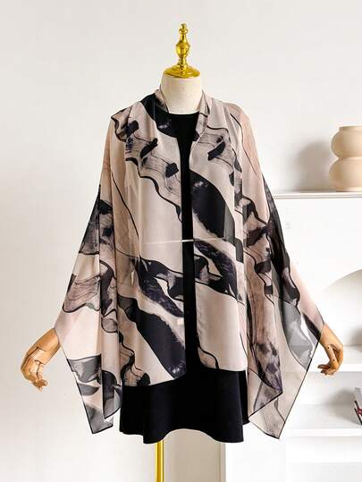 1pc Elegant Satin Wavy Pattern Printed Scarf, Women's Headscarf, Fashion Versatile Air-Conditioned Room Shawl, Wrap, Spring/Autumn Outerwear, Suitable For Daily Matching And Outdoor Use