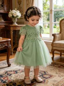 Baby Girls Avocado Green Princess Tulle Dress, Suitable For Parties - Green - View 3