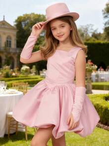 2 件套女童优雅方领荷叶边下摆吊带连衣裙，带袖口，适合庆典、派对、生日、万圣节、圣诞节、秋冬 - 粉色 - 查看 1