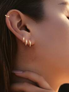 4pcs Set Minimalist Copper Exclusive Design Zirconia Stud Earrings, No Piercing Needed, Personalized Earcuffs, Simple Earrings - 金色 單耳四隻裝 - 查看 6