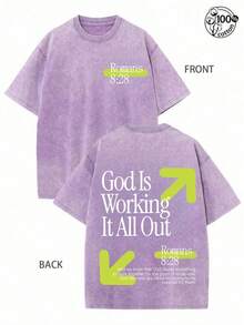 Vintage Washed T-Shirt Double Sided Printed (230 Pure Cotton T-Shirt) God Is Working It All Out Romans Graphic, Comfortable, Fashionable T-Shirt, Street Style Cotton Tee - 紫色 - 查看 1
