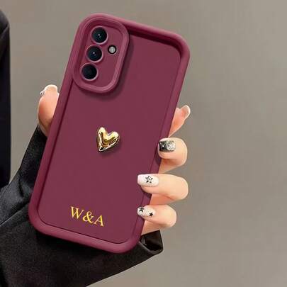 Customized Phone Case With Personalized Text Design, Full Silicone Cover With Mirror, DIY Golden Heart, Personalized Name Phone Case, Eternal Phone Case, Customize Phone Case For Your Loved Ones, Family And Friends, Lens Protection Silicone Heart Case Compatible With Samsung//Transsion///Compatible With IPhone/ 16 ProMax/15/XS Max/14/XS/13 XR 12 Pro 11 And Other Phone Models