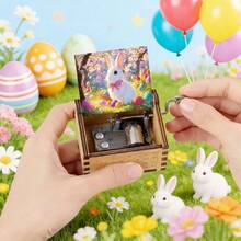 Retro Carved Wood Music Box With Easter Bunny & Basket Of Eggs – Playful Tabletop Ornament For Holiday - Easter Egg Basket Music Box - View 9