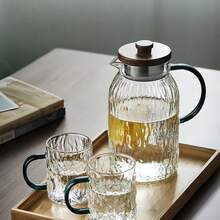 1个锤纹玻璃冷水壶，大容量加厚绿色手柄柑橘壶，玻璃冰茶壶，家用果汁饮料花茶壶，大容量木盖锤纹冷水壶（不含杯子） - 無色 - 查看 5