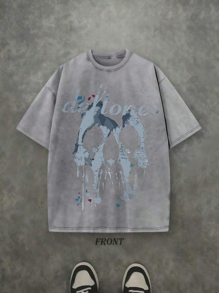 Vintage Washed Rock Tee Band Skull Print, Alternative Metal Fans Short - Sleeve,Cheap Clothes,Shirts Graphic,T Shirt Men .Jpg - 灰色 - 查看 1