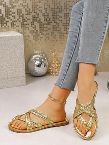 1双夏季时尚软底透气不疲劳户外金色编织人字拖 - 金色 - 查看 2