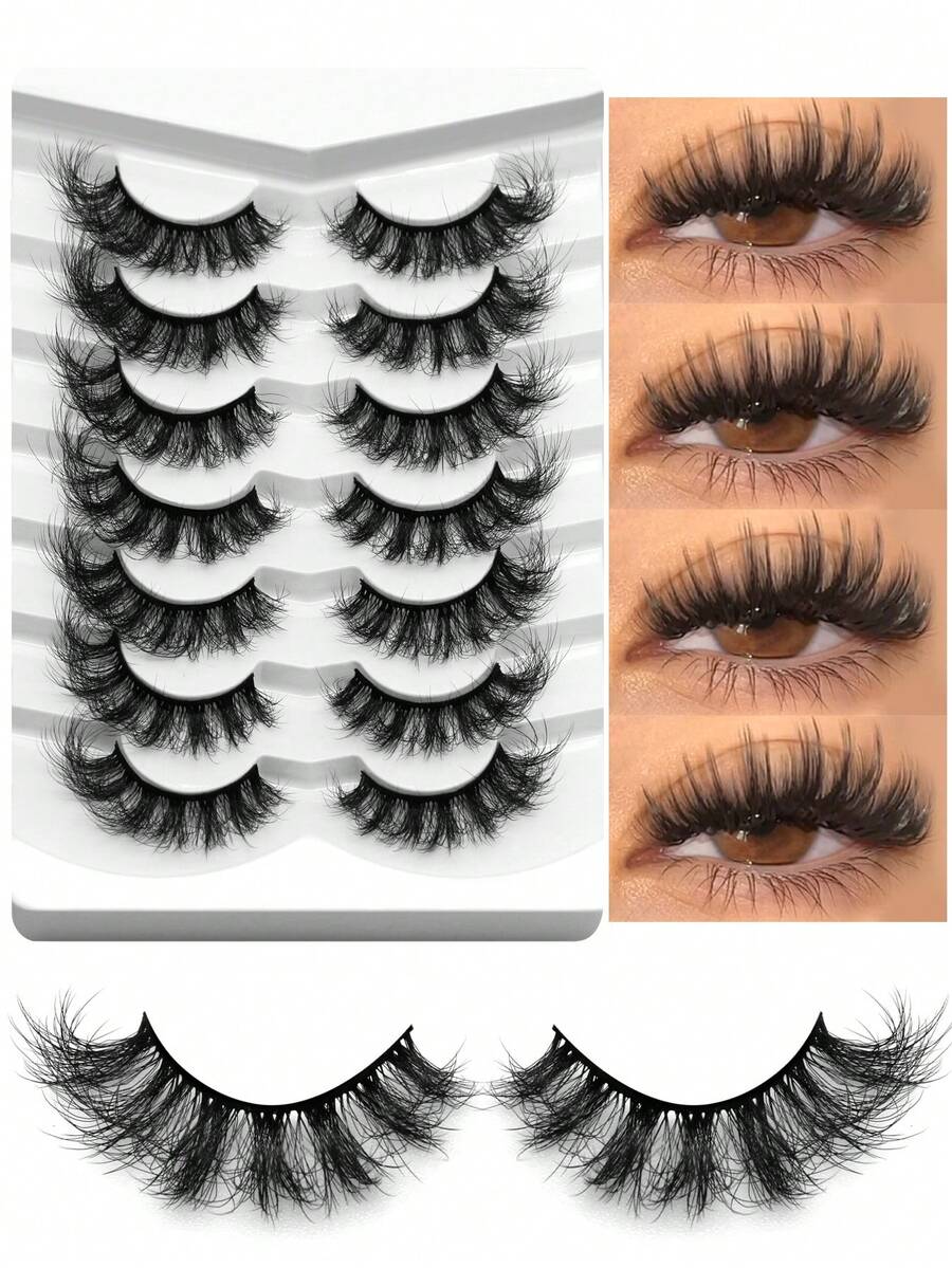 Lasvirey 7 Pairs Fluffy Cat Eye Eyelashes 3D Curl Faux Mink Lashes Wispy Volume Eye Lashes Clear Band Flase Lashes Enlarged Eyes Slim And Long Full Strip Lashe For Luxuary False Eyelashes - View 1